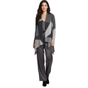 Saffron Cashmere Cardigan Open Color Block Graphic Sweater Knit Lightweight S